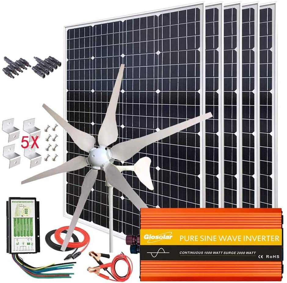1000W Solar & Wind Power Kits Home Off-Grid System for Charging 12V Battery：400W Wind Turbine Generator + 600W Mono Solar Panel + Hybrid Charge…