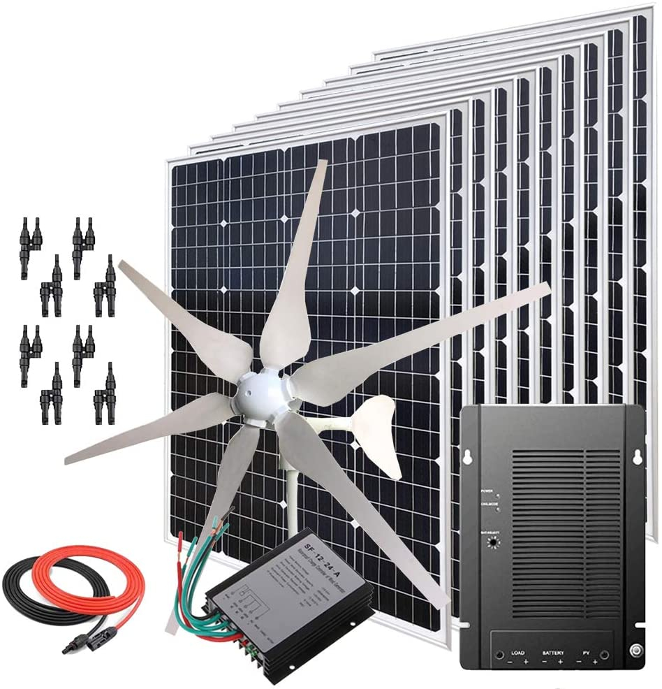 1600W Wind Solar Generator Kit : 400W Wind Turbine(6 Blades) + 10PCS 120W Mono Solar Panels + MPPT Charge Controller + Accessories (1600W Wind…
