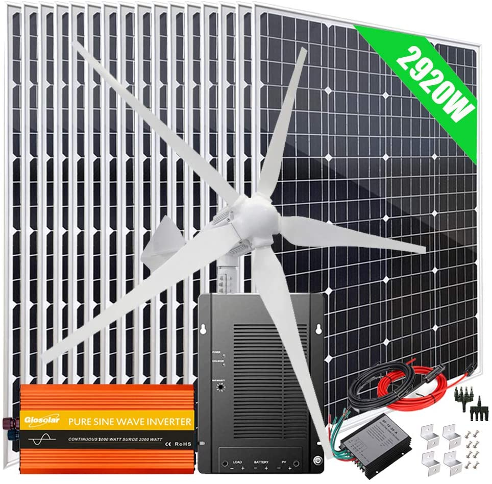 2920W Wind Solar Kit Off Grid System 48V Battery Charger :16x 120W Mono Solar Panel + 1000W Wind Turbine Generator + 40A MPPT Charge Controller +…