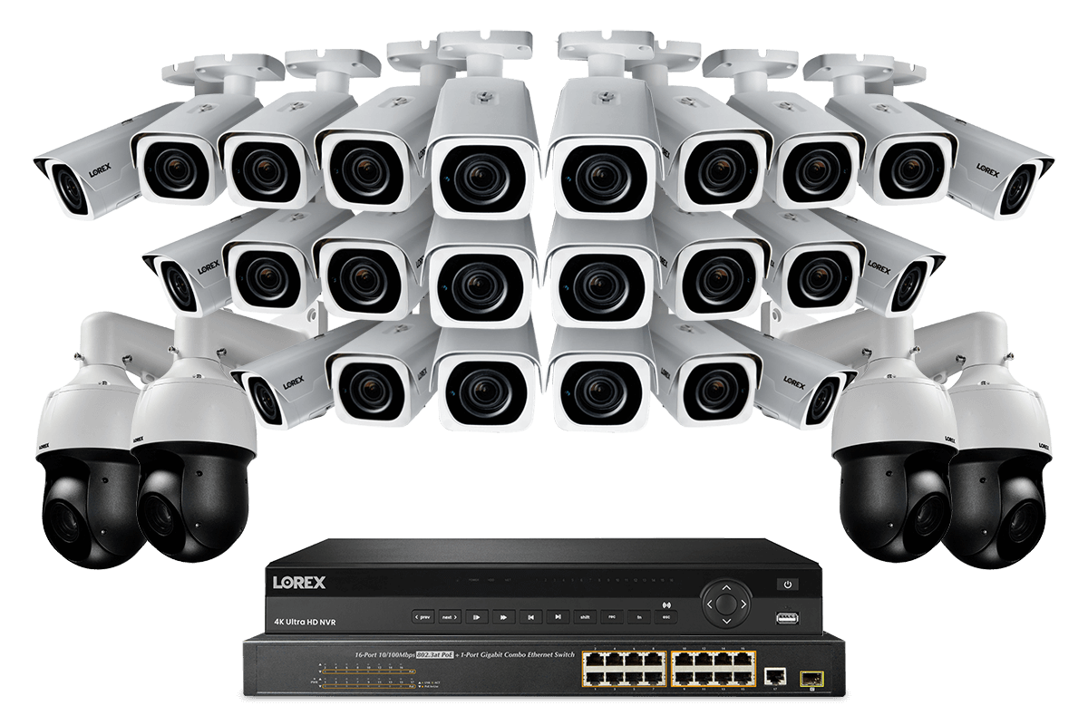 32-Channel NVR System with Twenty 4K Varifocal Nocturnal Cameras and Four 2K PTZ Domes
