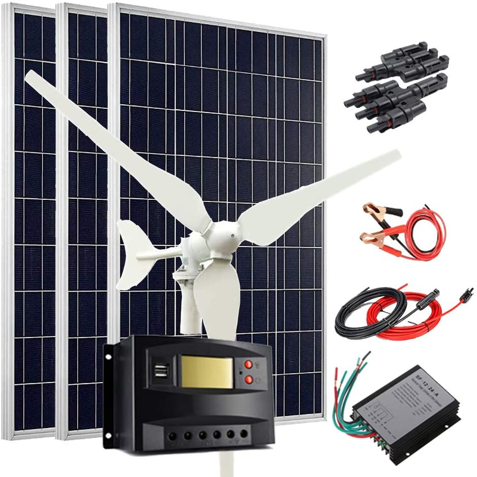 400W Wind Solar Kit 12V Off Grid System: 100W Wind Turbine Generator + 3pcs 100W Poly Solar Panel + Wind Controller + Solar Charge Regulator + Cables