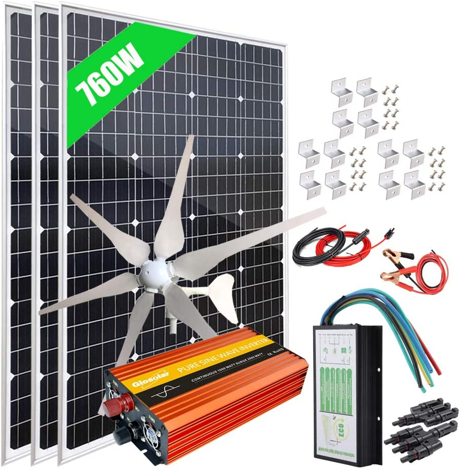 700W(760W) Solar Wind Power Kits Garage Off-Grid System for Charging 12V 24V Battery：400W Wind Turbine Generator + 300W Mono Solar Panel + Hybrid…