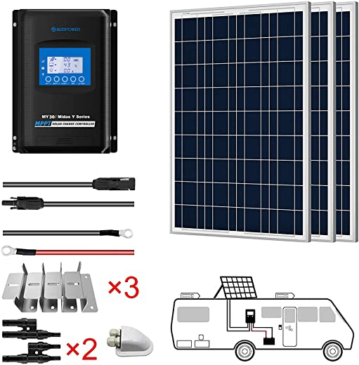 ACOPOWER 300 Watts 12/24 Volts Polycrystalline Panel Solar RV Kits with 30A MPPT LCD Charge Controller/Mounting Brackets/Y Connectors/Solar…