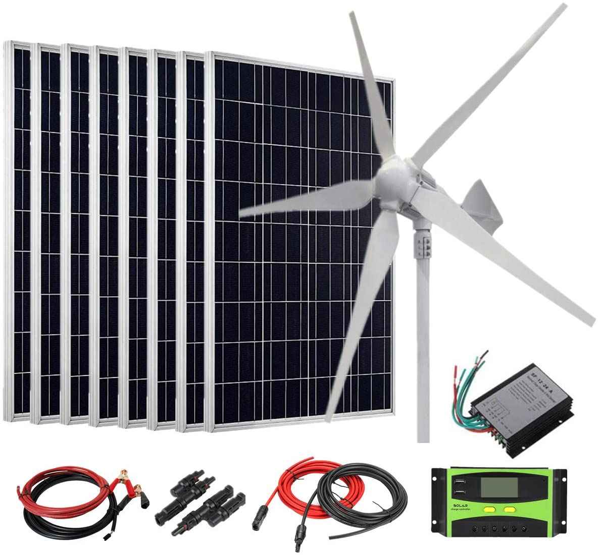 AUECOOR 1600W 48V Solar Wind Kit for Home Off Grid System: 8 x 100W Polycrystalline Solar Panel + 800W Wind Turbine + Accessories