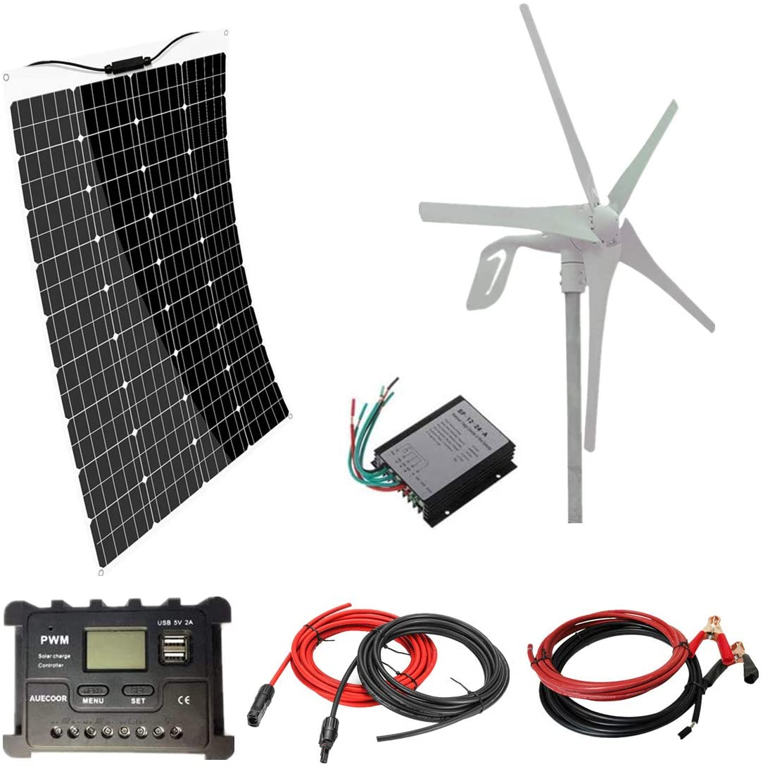 AUECOOR 500W(520W) Solar Wind Power Kit: 120W Mono Flexible Solar Panel + 400W 12V Wind Turbine Generator + Accessories for RV, Boat, Cabin,…