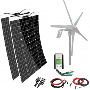 AUECOOR 640W Solar-Wind Kit 2 x 120W Flexible Monocrystalline Solar Panel+400W Wind Turbine Hybrid System for RV, Boat, Cabin, Trailer, Roofs, Off…