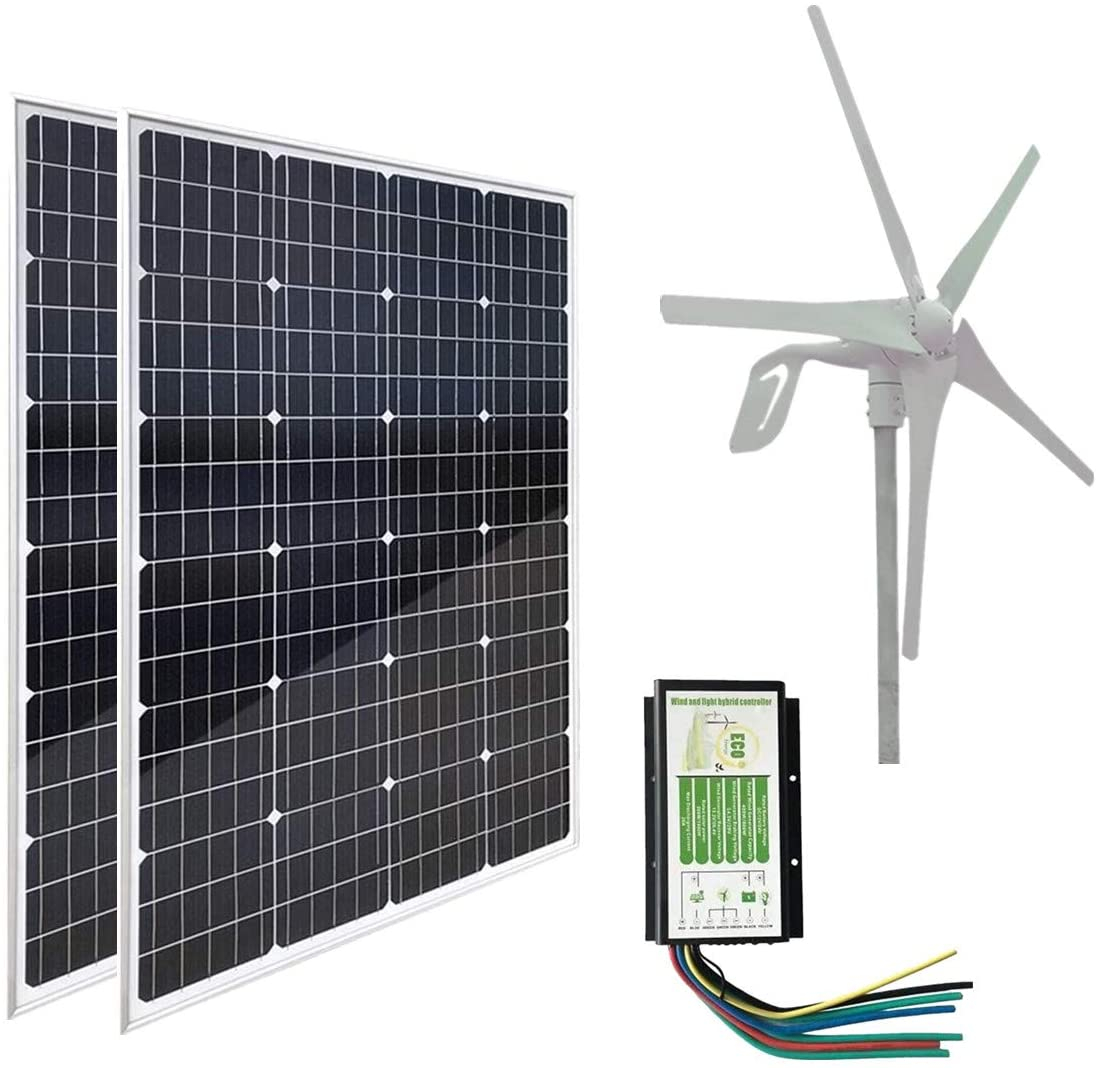 AUECOOR 640W Solar Wind Kit Hybrid System: 2pcs 120W Mono Solar Panels + 400W Wind Turbine Generator + Hybrid Controller for RV, Camping, Boat,…