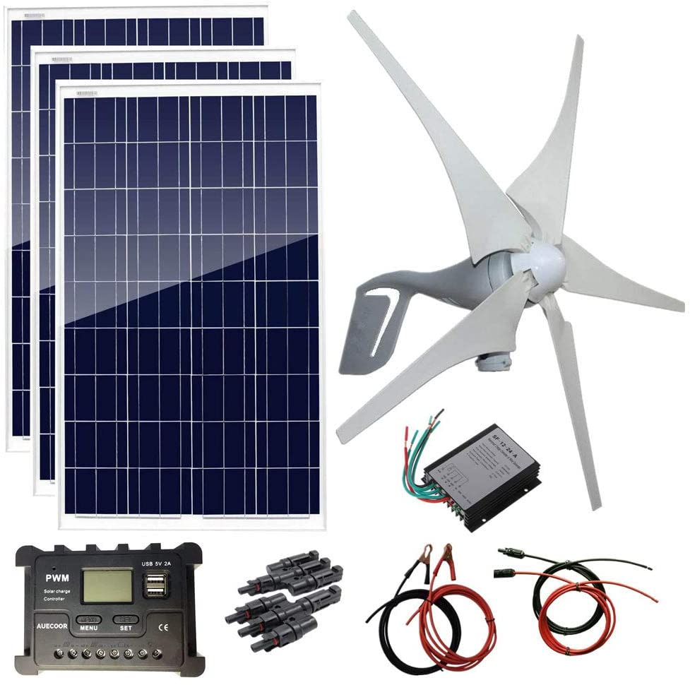 AUECOOR 700 Watts Solar Hybrid System : 12V 400W Wind Turbine Generator + 3 pcs 100W Polycrystalline Solar Panel+ Accessories Home Cabin RV Off…