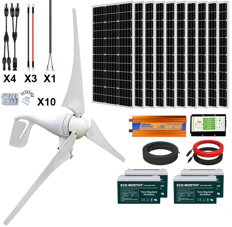 ECO-WORTHY 1400 Watts 24V Solar Wind Turbine Generator Kit: 1pc 400 Watt Wind Turbine + 10pcs 100W Mono Solar Panel + 1pc Solar Wind Hybrid…