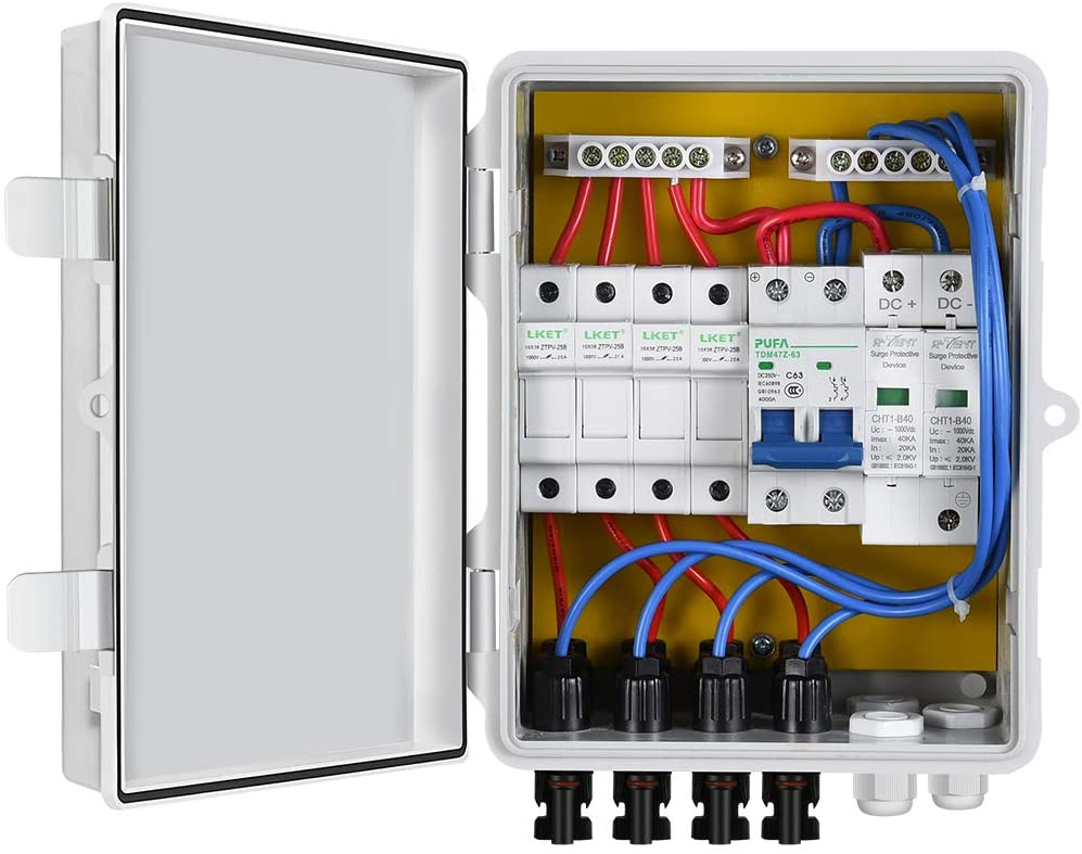 ECO-WORTHY 4 String PV Combiner Box with Lightning Arreste, 10A Rated Current Fuse and Circuit Breakers for On/Off Grid Solar Panel System
