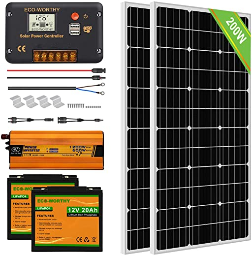 ECO-WORTHY Solar Power System for RV Off Grid Solar Panel Kit with Battery and Inverter: 2pcs 100W 12V Solar Panel + 20A Charge Controller + 2pcs…