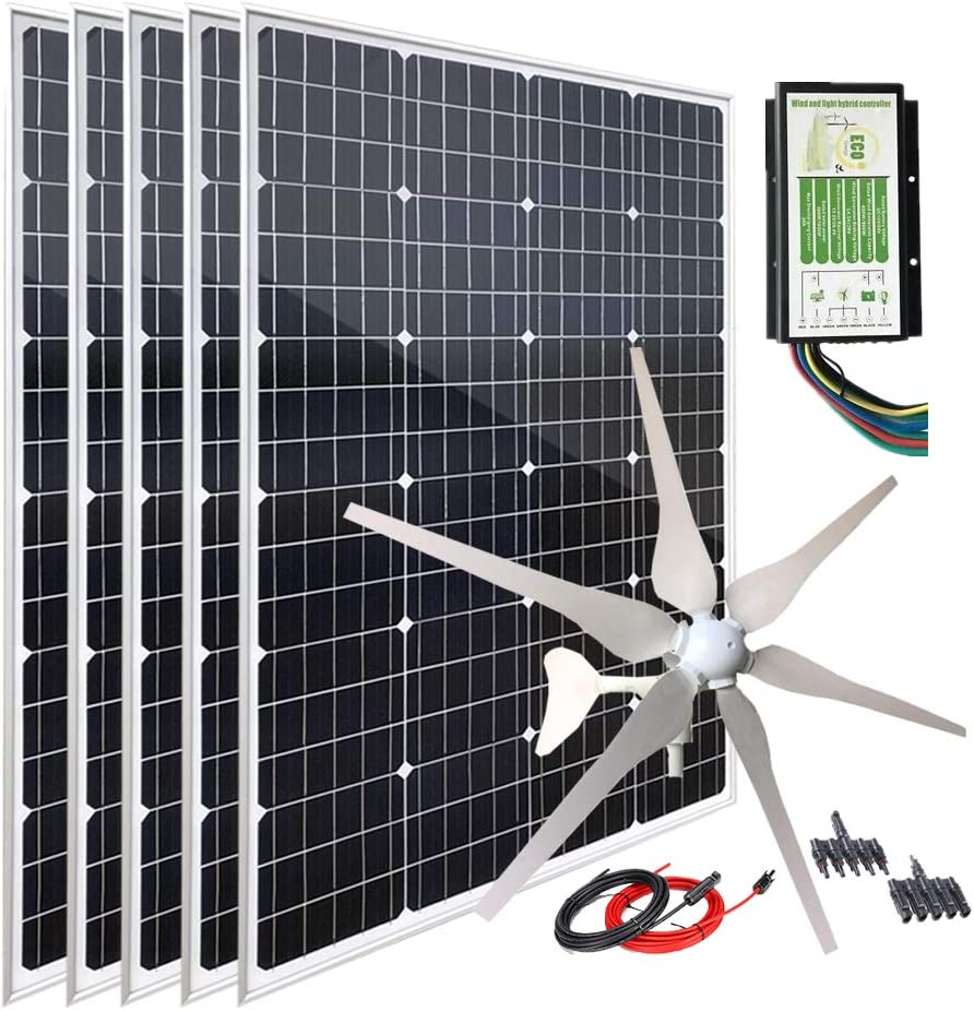 1000W 12V Wind Turbine Generator Solar Panel Kit : 400W Windmill & 5pcs 120W Mono Solar Panel & Hybrid Charge Controller for Home RV Camping Boat…