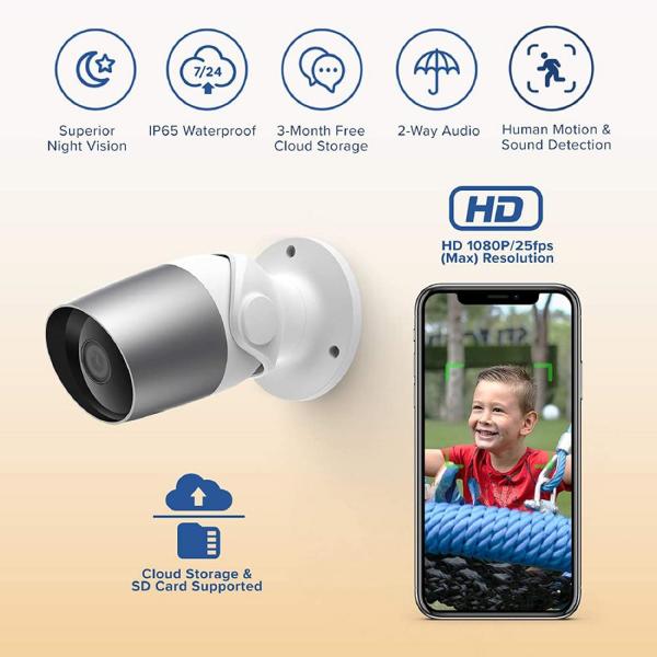 1080P Wired Outdoor Security Camera, Compatible with Alexa, IP65 Waterproof, Night Vision, APP Remote Access