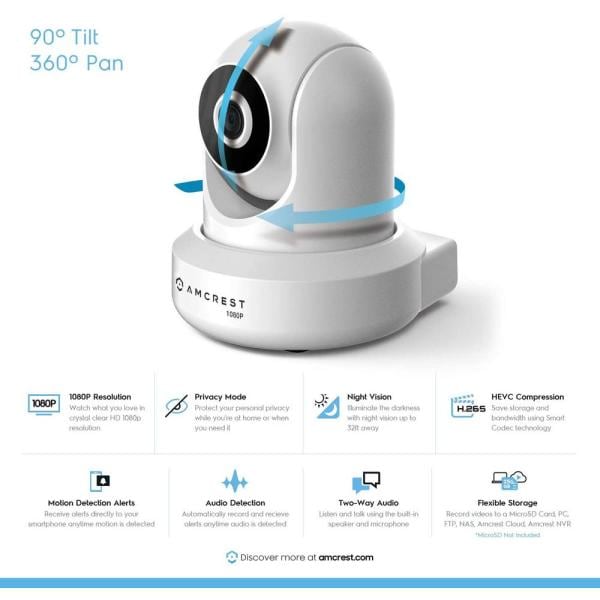 1080P Wireless Full HD WiFi Indoor Pan/Tilt IP Security Camera, IR 32 ft. Night Vision 4 mm Lens 2-Way Talk Build-in Mic