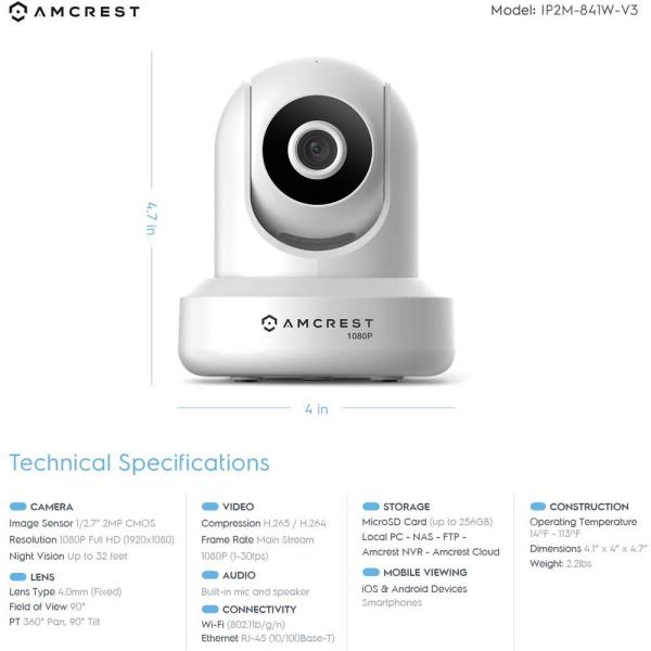 1080P Wireless Full HD WiFi Indoor Pan/Tilt IP Security Camera, IR 32 ft. Night Vision 4 mm Lens 2-Way Talk Build-in Mic