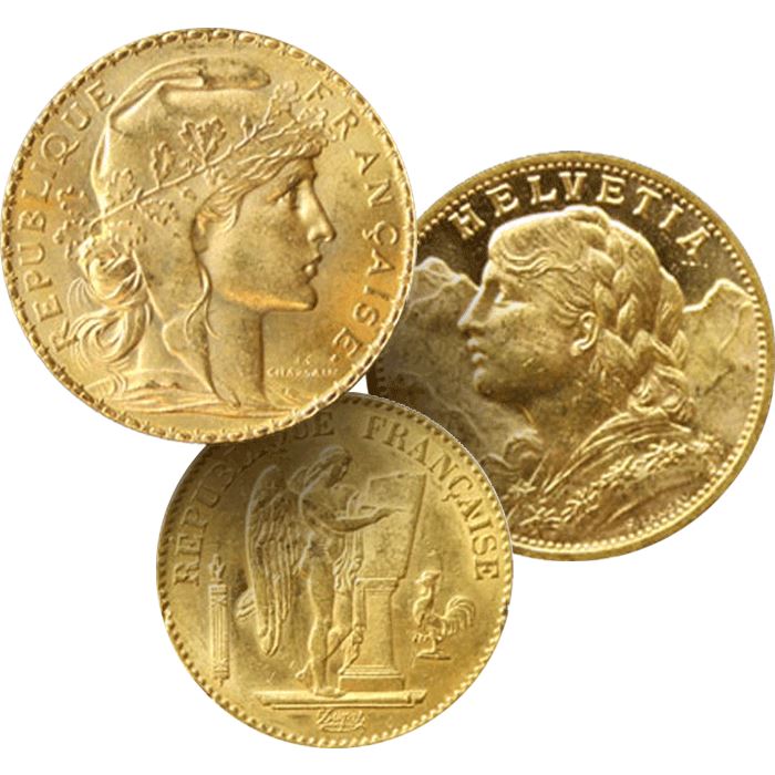 20 Franc Gold Coin (Swiss, French, Belgian, Italian) – Random Date and Design (.1867 AGW)