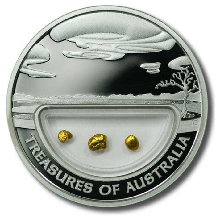 2010 Treasures Of Australia Gold Nuggets In Locket 1 oz Silver Proof