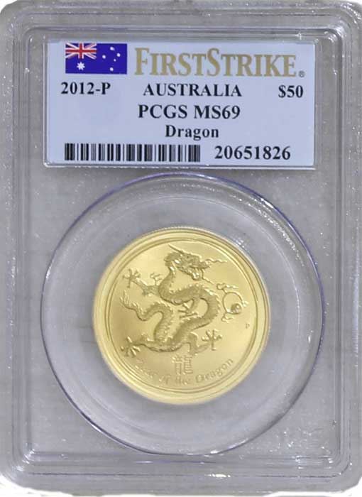 2012 1/2 oz Lunar Gold Year of Dragon Australia PCGS MS69