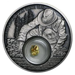 2016 Niue California Gold Rush Silver Coin – Antique Finish – 24k Gold Nugget