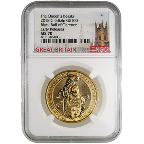 2018 1 oz British Gold Queen’s Beast Black Bull Coin NGC MS70 ER
