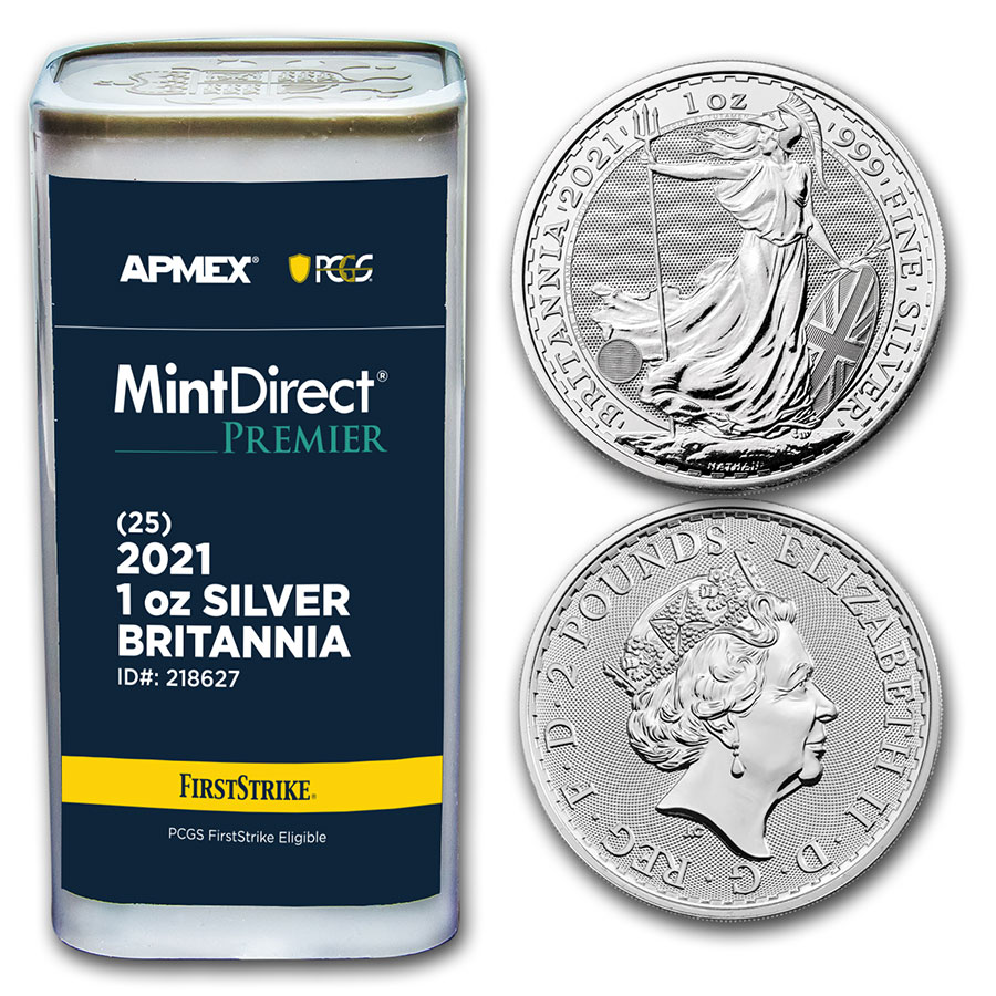 2021 GB 1 oz Ag Britannia (25-Coin MD Premier® Tube + PCGS FS®)