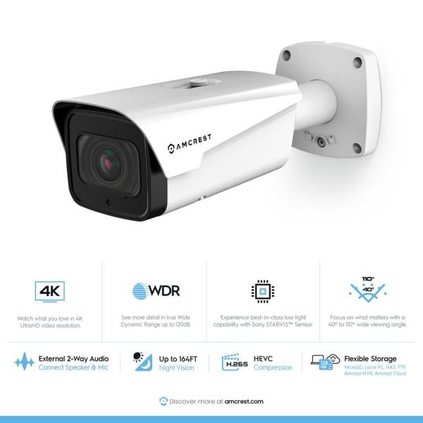 4K 8MP Outdoor IP POE Varifocal Bullet Security Camera, 4X Optical Zoom, 2.7mm 12mm Lens, IP67 Weatherproof, IK10