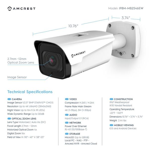 4K 8MP Outdoor IP POE Varifocal Bullet Security Camera, 4X Optical Zoom, 2.7mm 12mm Lens, IP67 Weatherproof, IK10