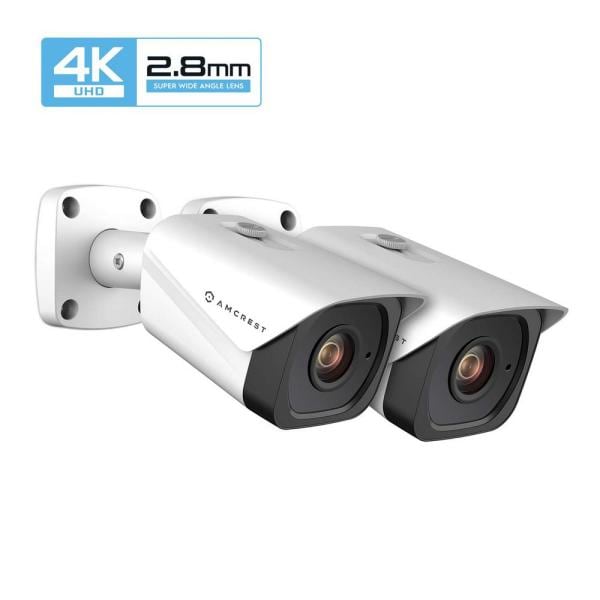 4K UltraHD 8MP Wired Outdoor Bullet POE IP Security Camera, 131ft Night Vision, MicroSD Rec, IP67 Weatherproof (2-Pack)