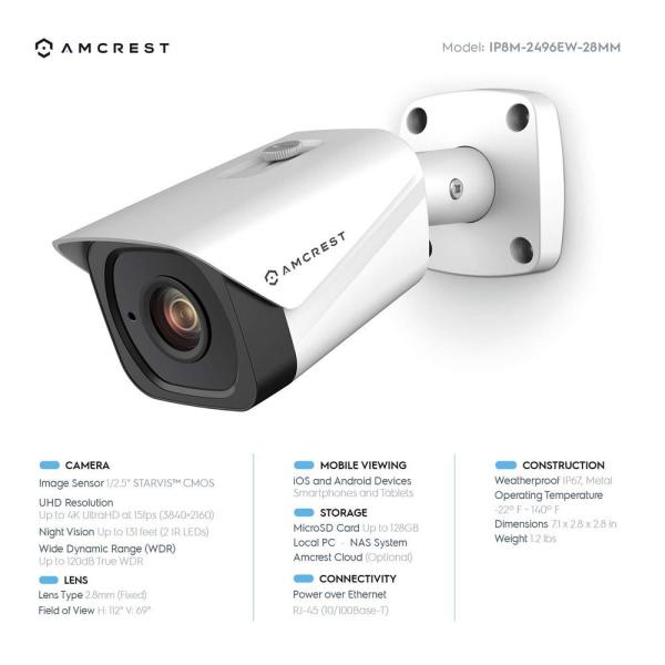 4K UltraHD 8MP Wired Outdoor Bullet POE IP Security Camera, 131ft Night Vision, MicroSD Rec, IP67 Weatherproof (2-Pack)