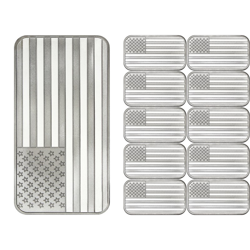 American Flag 1oz & 10oz .999 Silver Bar 20oz Total Lot