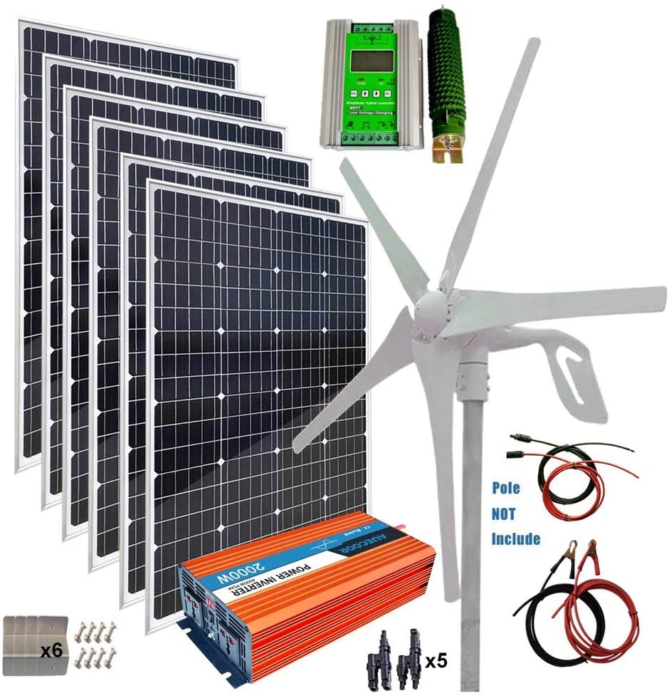 AUECOOR 1120 Watts Solar Panel Wind Turbine System(Hybrid kit) : 6 pcs120W Mono Solar Panel+ 400W Wind Turbine Generator+ 2000W Pure Since Wave…