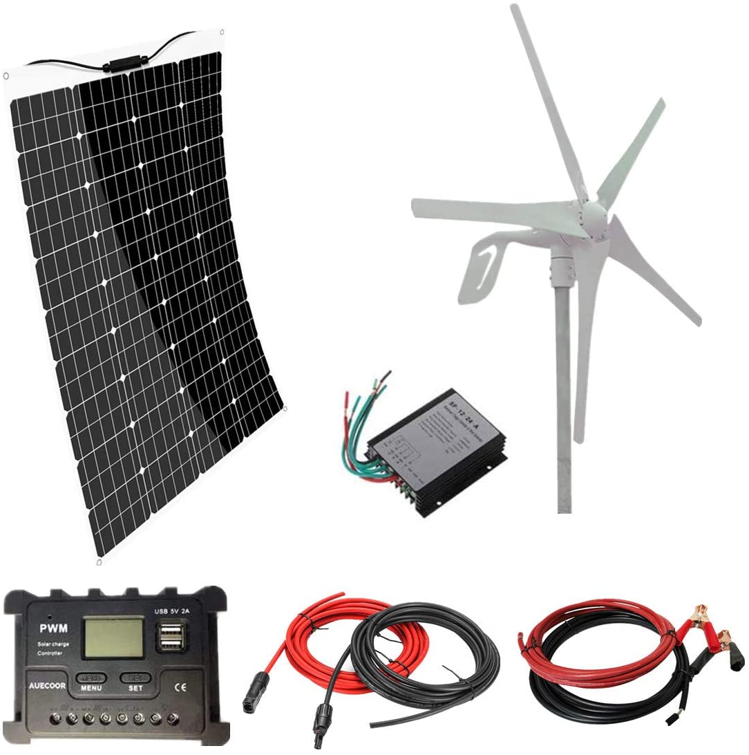 AUECOOR 500W(520W) Solar Wind Power Kit: 120W Mono Flexible Solar Panel + 400W 12V Wind Turbine Generator + Accessories for RV, Boat, Cabin,…