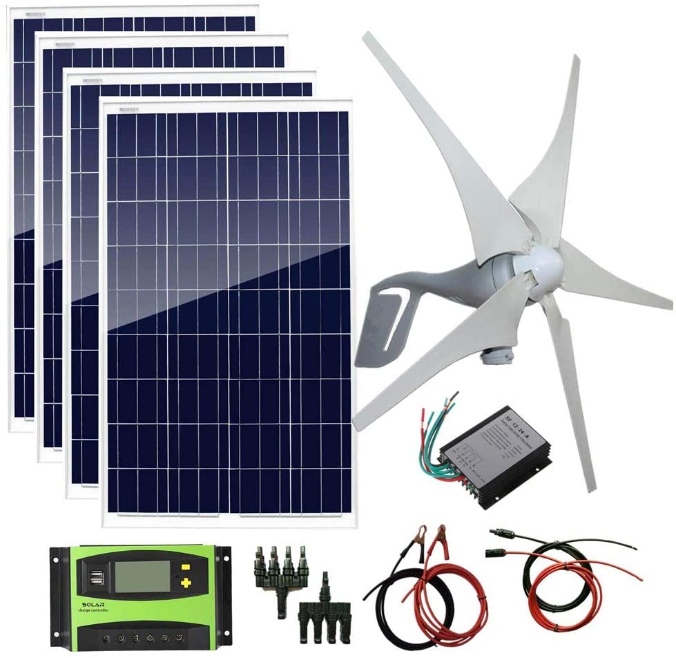 AUECOOR 800W 12V 24V Solar Panel Wind Turbine Kit: 400W Wind Turbine Generator + 4 pcs 100W Poly Solar Panel+ Accessories Home Cabin RV Off Grid…
