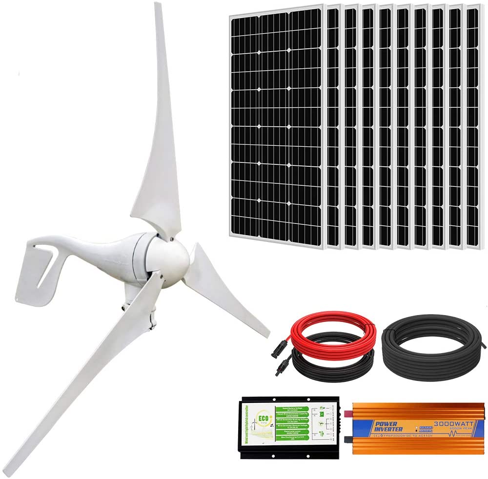 ECO-WORTHY 1400W Wind Solar Power Kit: 400W DC 24V Wind Turbine Generator 3 Blade with Controller & 10pcs 100W Mono Solar Panels & 3000W 24V-110V…