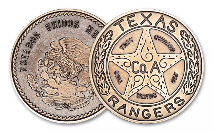 Intaglio Mint 2-oz Silver Texas Rangers Badge Round Antiqued | GovMint.com