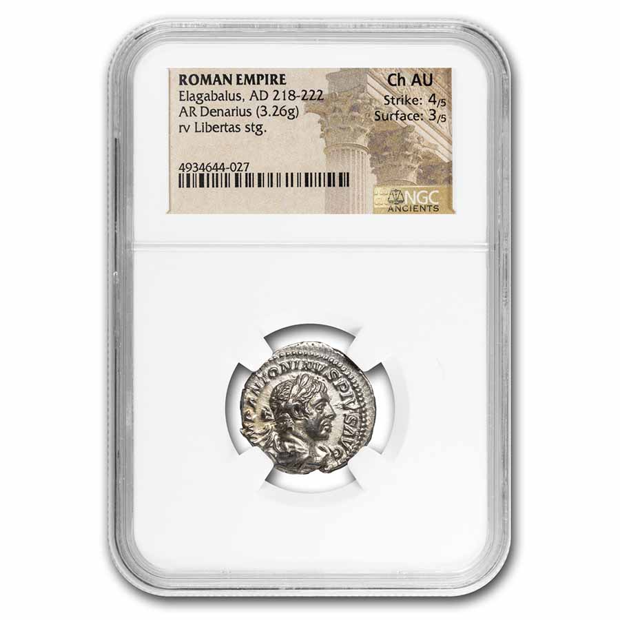 Roman Empire AR Denarius Elagabalus Ch AU NGC (RIC IV 107)