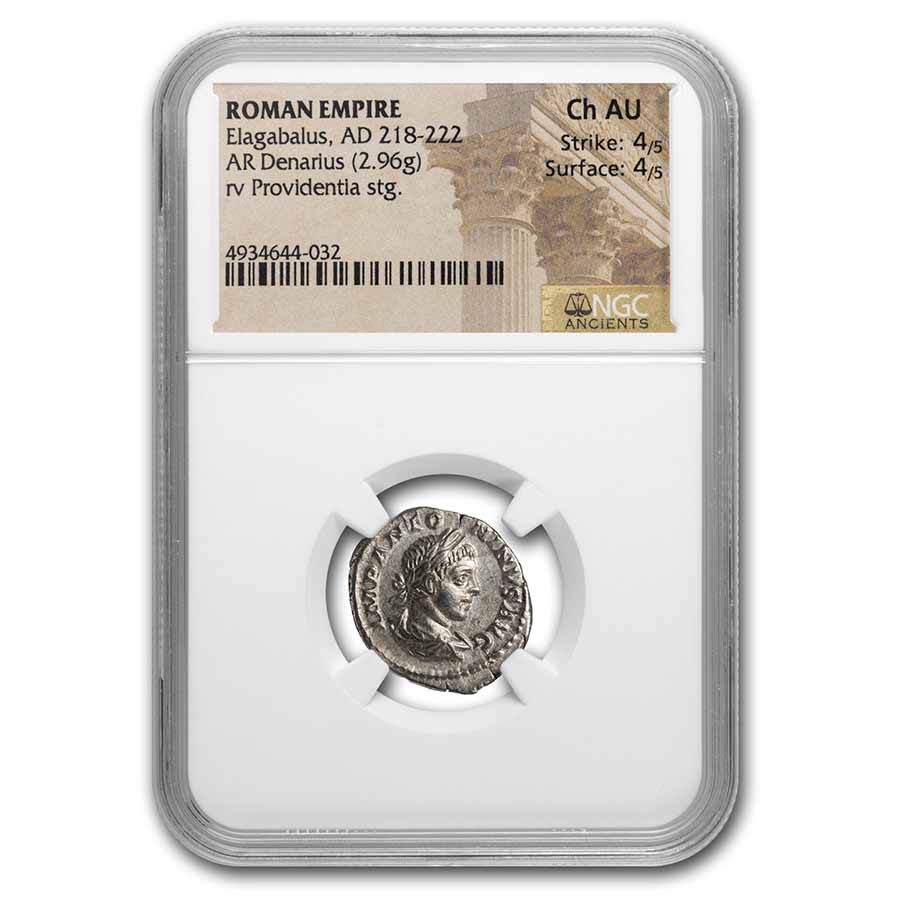 Roman Empire AR Denarius Elagabalus Ch AU NGC (RIC IV 128)