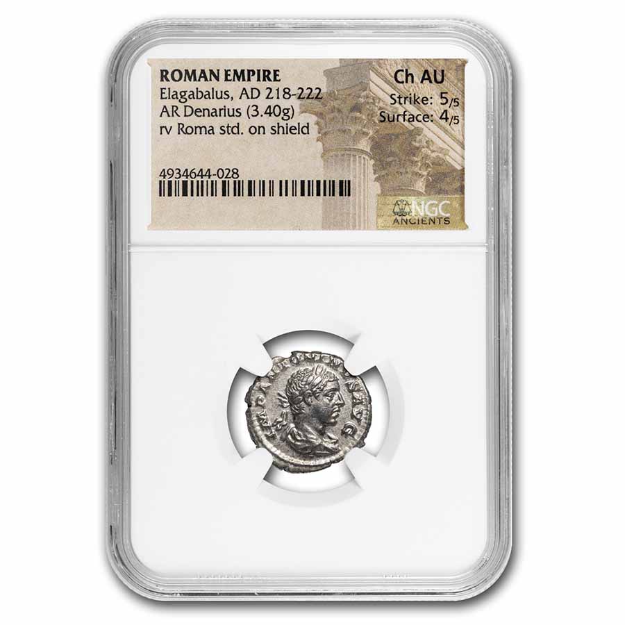 Roman Empire AR Denarius Elagabalus Ch AU NGC (RIC IV 13)