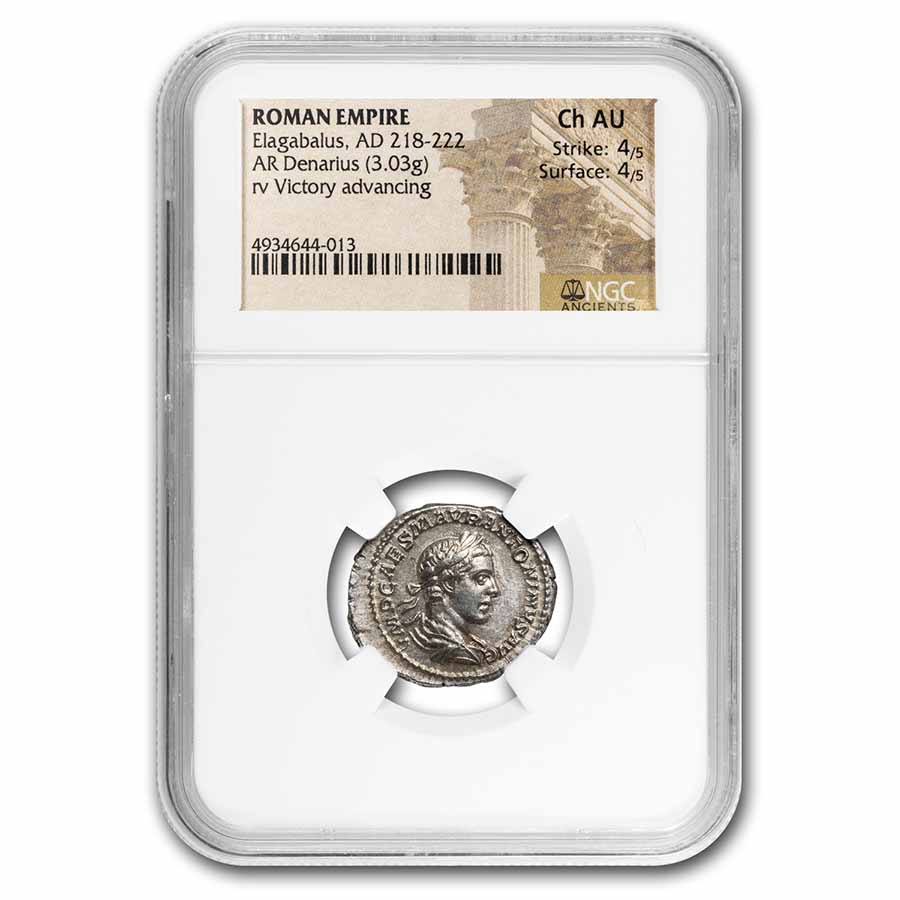 Roman Empire AR Denarius Elagabalus Ch AU NGC (RIC IV 153)