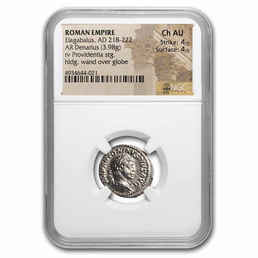 Roman Empire AR Denarius Elagabalus Ch AU NGC (RIC IV 22)