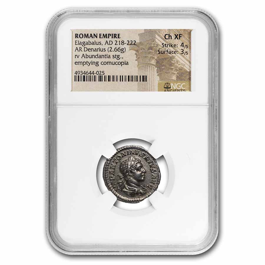 Roman Empire AR Denarius Elagabalus Ch AU NGC (RIC IV 56)