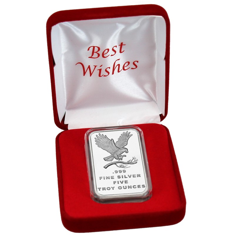 SilverTowne Trademark Eagle 5oz .999 Silver Bar in Red Clamshell Box