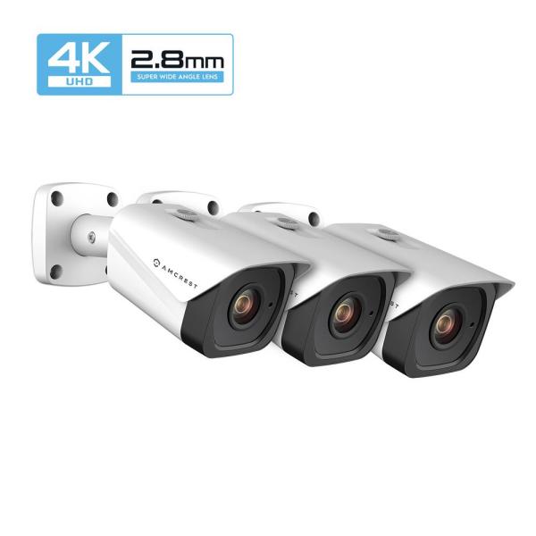 UltraHD 4K (8MP) Wired Outdoor Bullet POE IP Security Camera with 98 ft. Night Vision IP67 Weatherproof, White (3-Pack)