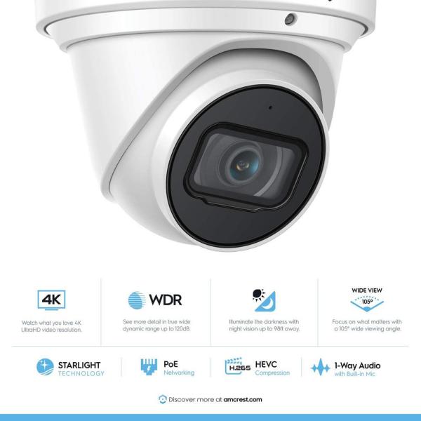UltraHD 4K (8MP) Wired Outdoor Security IP Turret PoE Camera, 3840x2160, 98ft NightVision, 2.8mm Lens, IP67 Weatherproof