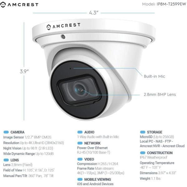 UltraHD 4K (8MP) Wired Outdoor Security IP Turret PoE Camera, 3840x2160, 98ft NightVision, 2.8mm Lens, IP67 Weatherproof
