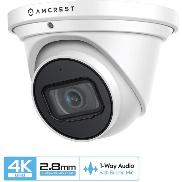 UltraHD 4K (8MP) Wired Outdoor Security IP Turret PoE Camera, 3840×2160, 98ft NightVision, 2.8mm Lens, IP67 Weatherproof