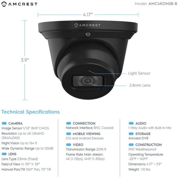 UltraHD 4K Wired Dome Outdoor Analog Security Camera,164 ft. Night Vision, IP67 Weatherproof,110° W Angle, Built-in Mic.