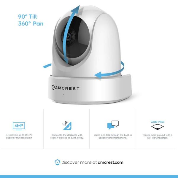 UltraHD 4MP Wireless Indoor Wi-Fi IP Surveillance Camera with Remote Pan/Tilt/Zoom, 2-Way Audio,Wide 120° FOV
