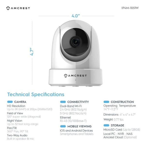 UltraHD 4MP Wireless Indoor Wi-Fi IP Surveillance Camera with Remote Pan/Tilt/Zoom, 2-Way Audio,Wide 120° FOV