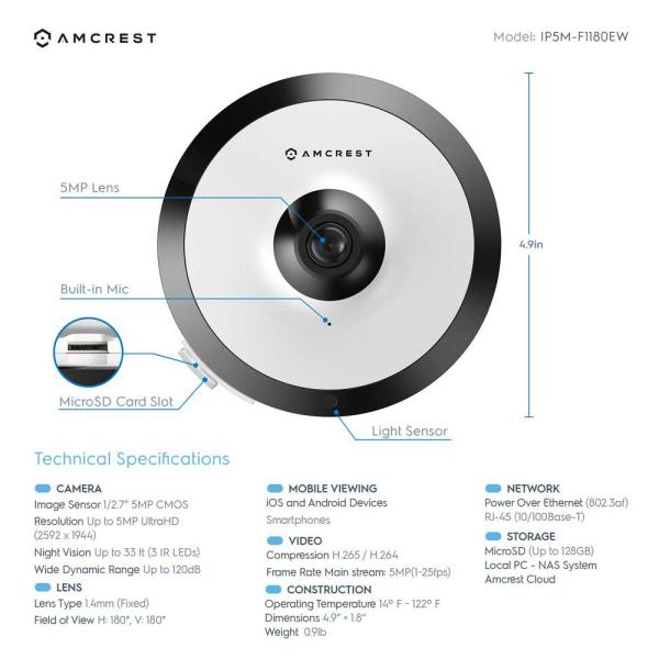 UltraHD 5MP Wired Fisheye IP POE Indoor Surveillance Camera, 360° Panoramic Coverage 33 ft. Night Vision